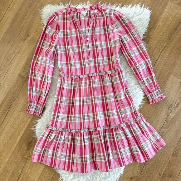 J. Crew Pink Plaid Mini Dress with Ruffle Hem | Size 00 - Picture 2 of 8